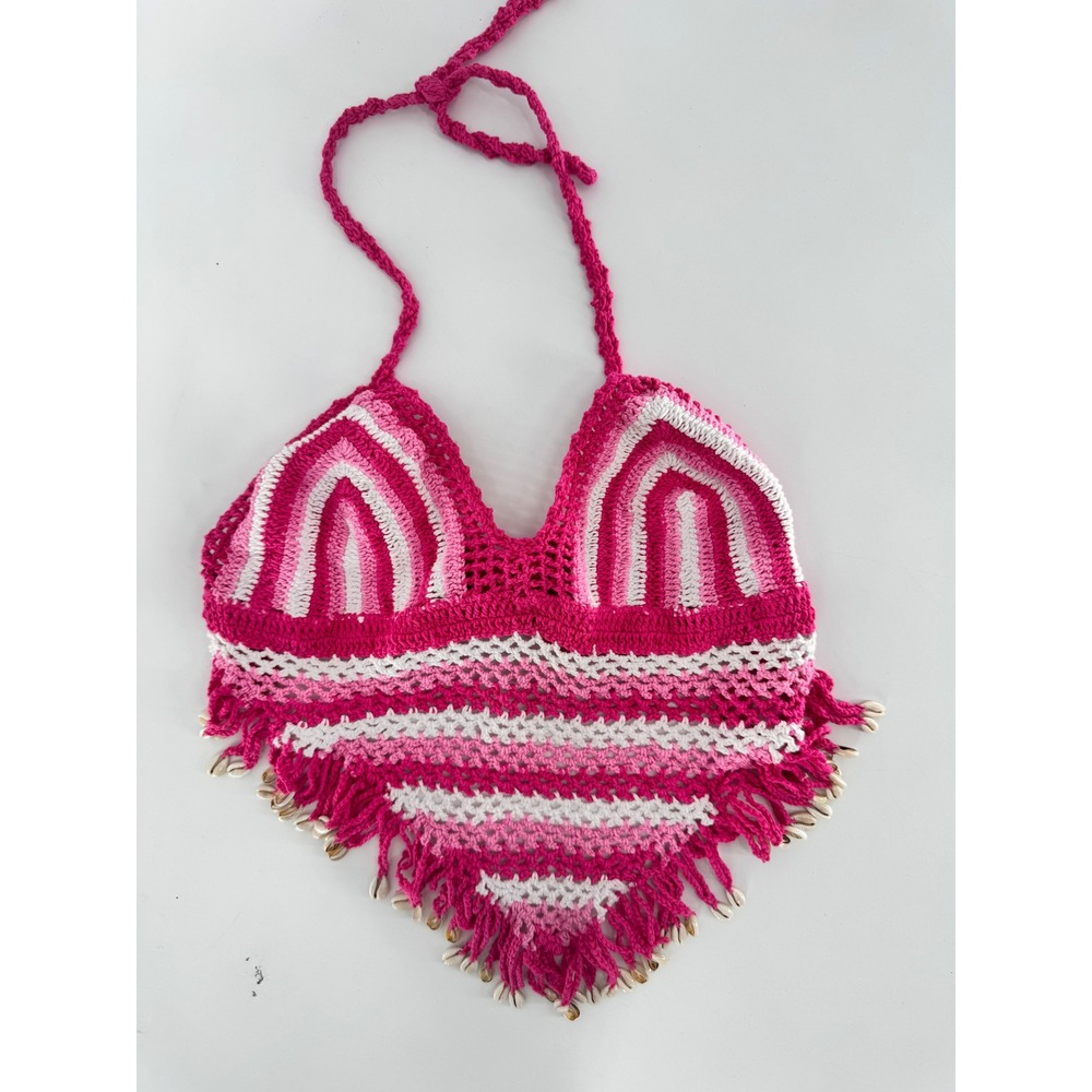 Island Planet Crochet‎ Halter Top Women L Pink White Striped Cowrie Shell Fringe